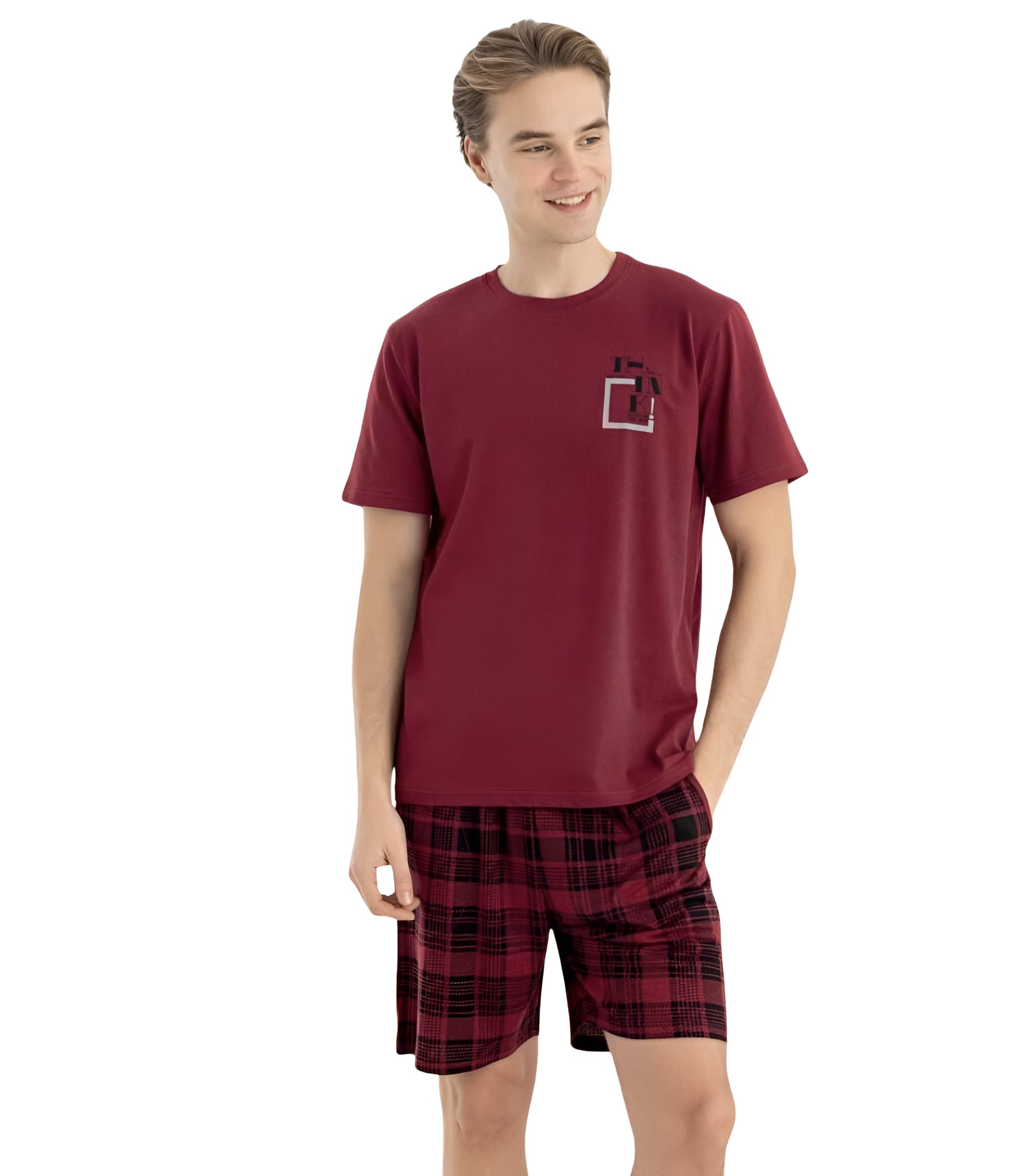 Ventillo Erkek Bordo Şortlu Pijama Takımı %100 Pamuk Yazlık Rahat Ev Giyim Seti