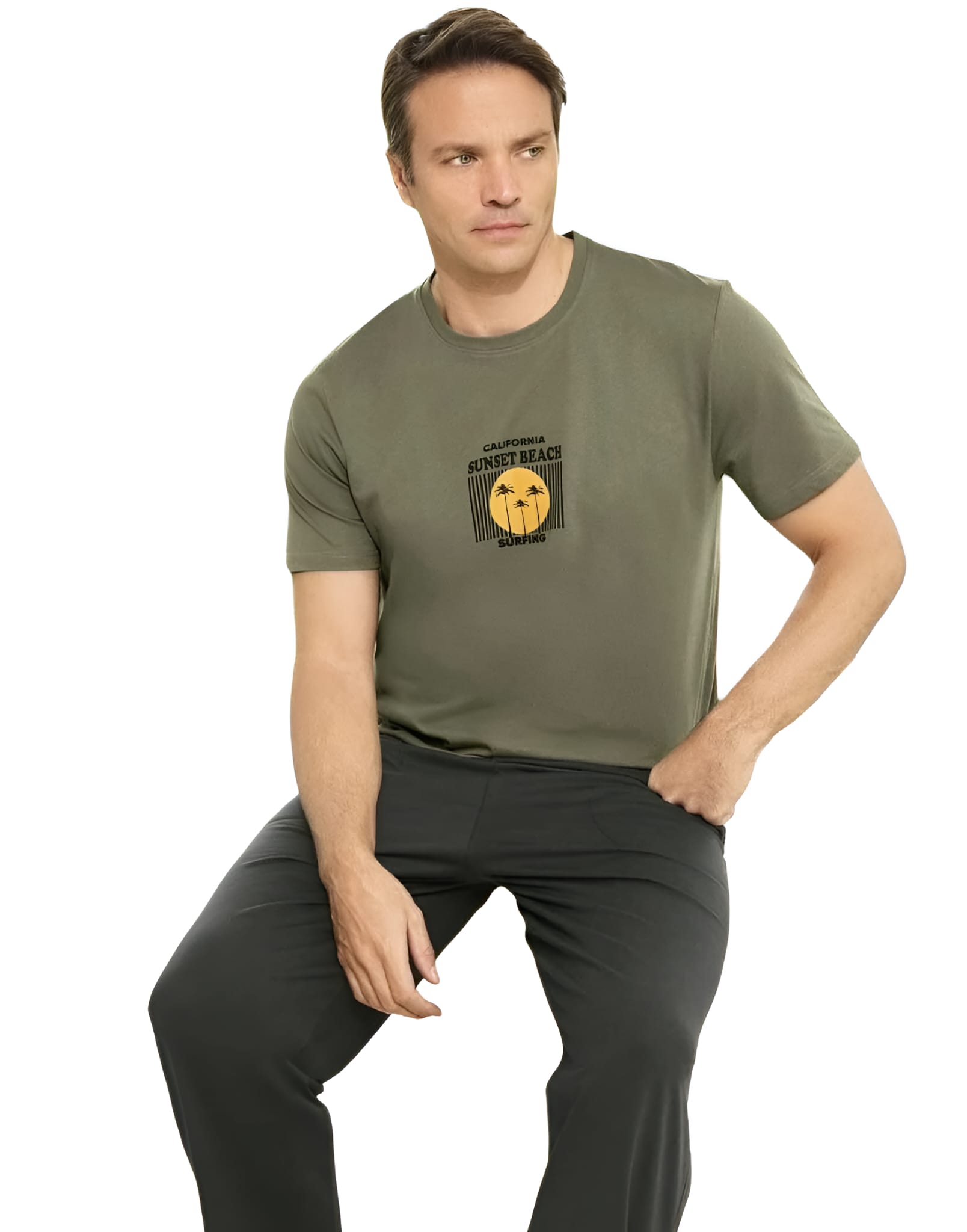 Ventillo Haki Yeşil Erkek Pijama Takımı Pamuklu Kısa Kollu Uzun Alt Ev Giyim Seti